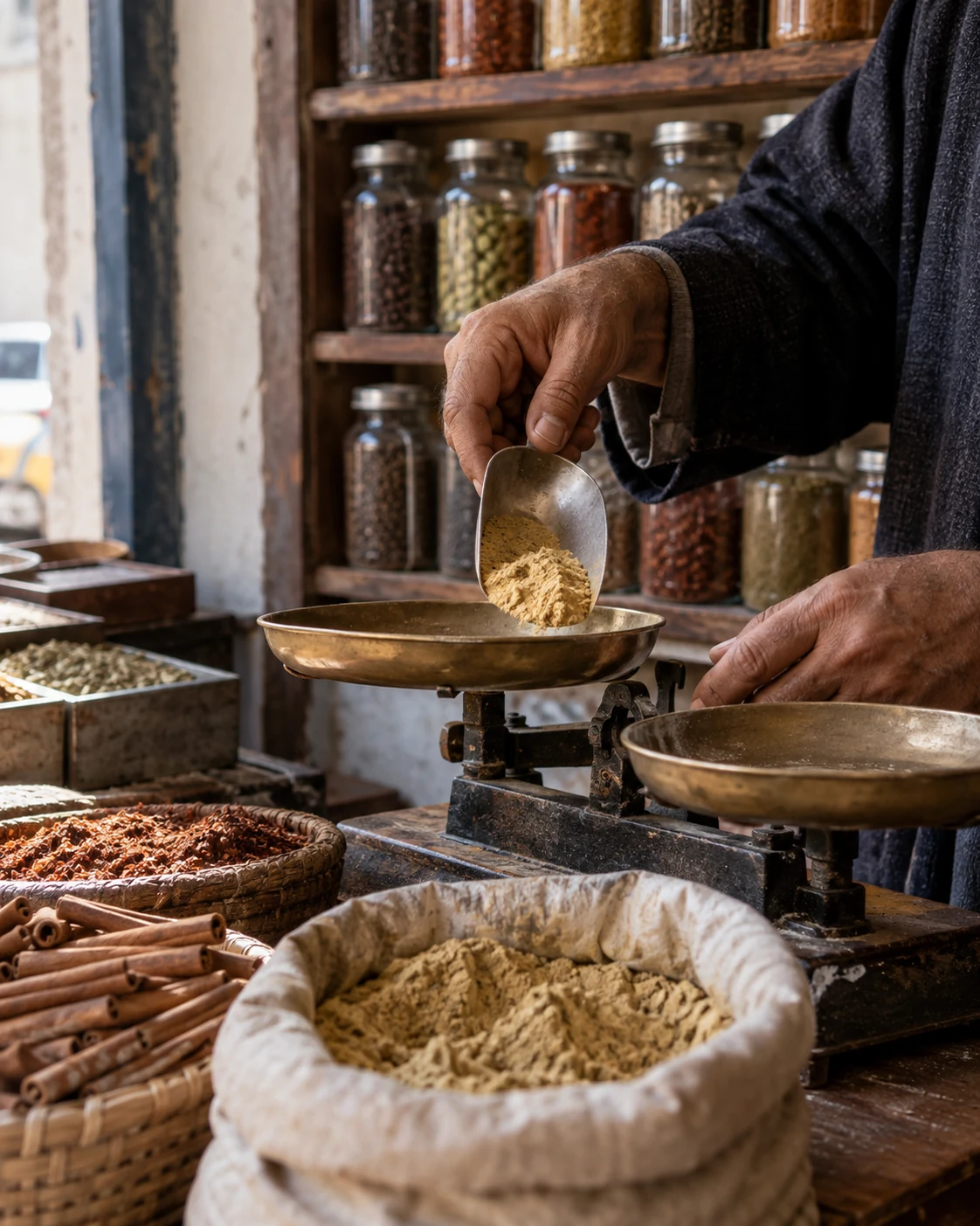 A spice seller measuring ground spice