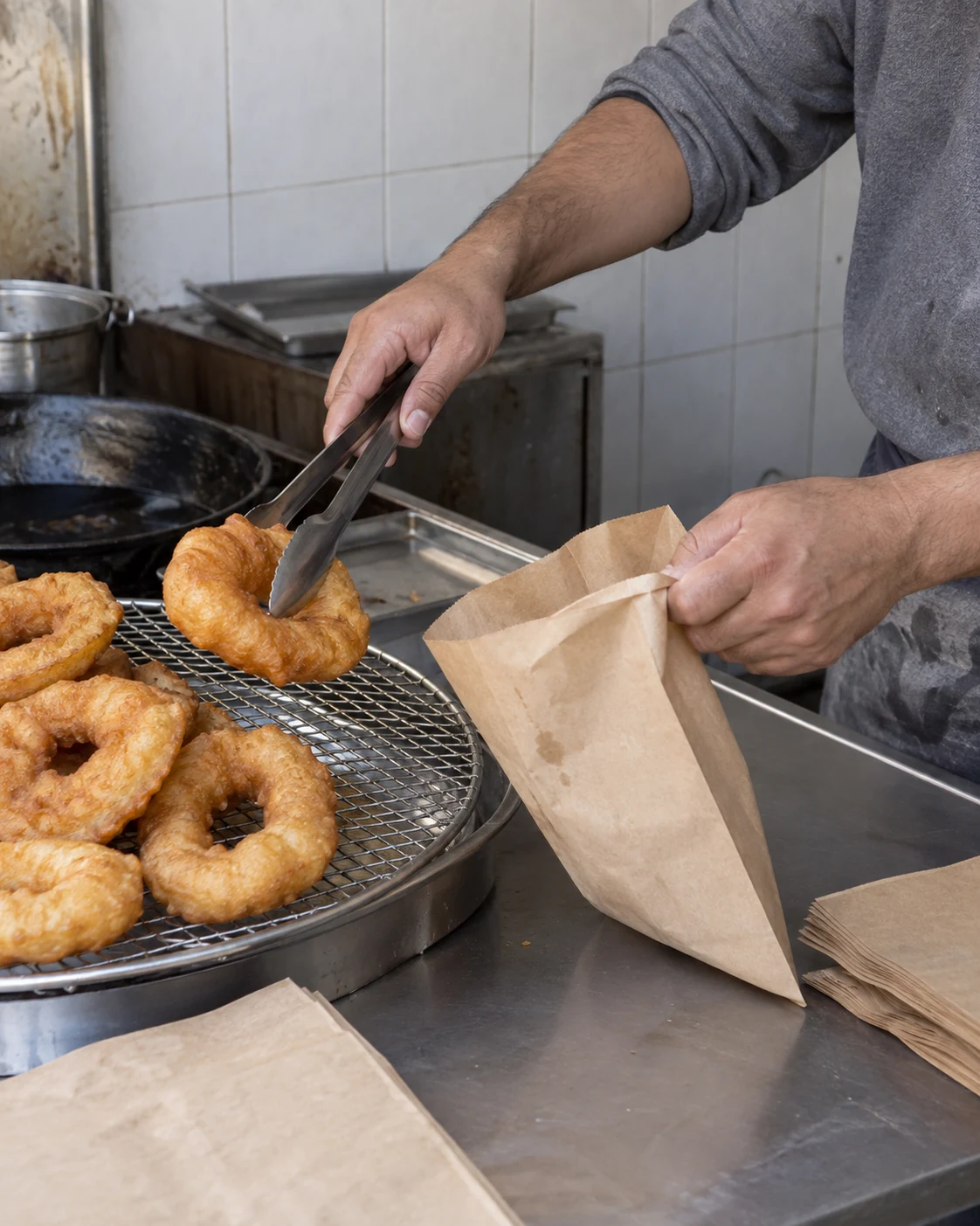Freshly fried sfenj packed at a street counter