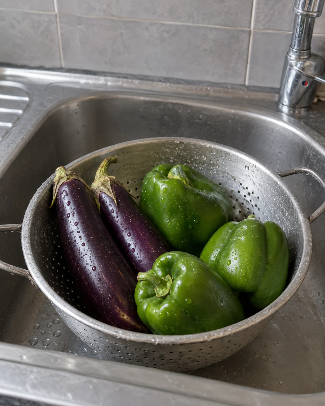 Aubergines and green peppers ready for preparation