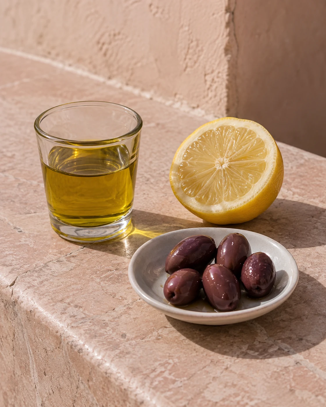 Olive oil, lemon and cured olives for seasoning