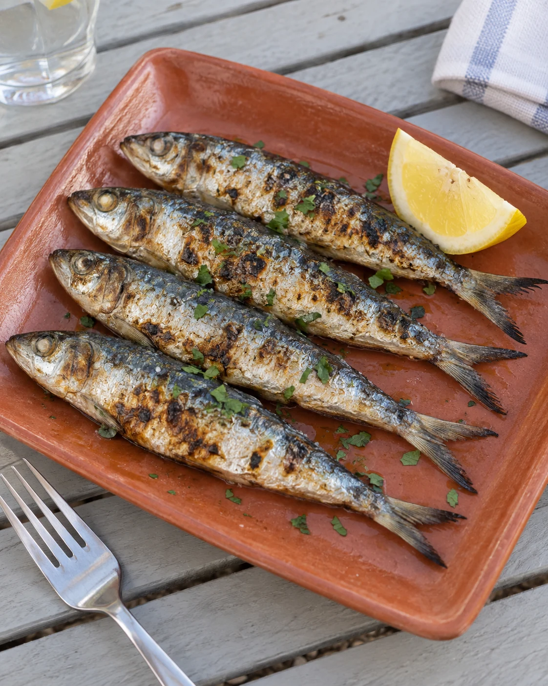 Small slender whole sardines grilled and served with lemon