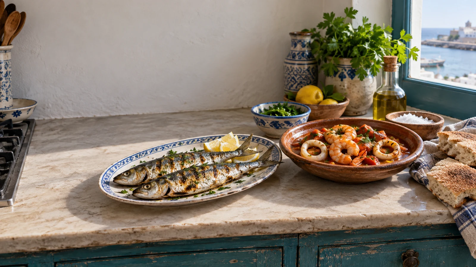 Sardines, shrimp and calamari in a modest coastal kitchen