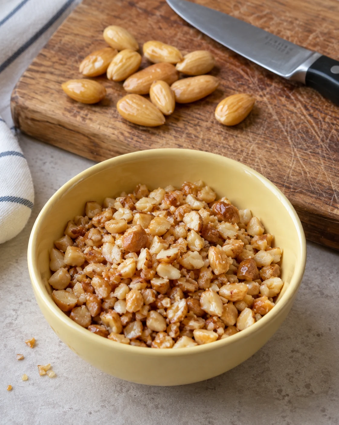 Fried blanched almonds, chopped and whole