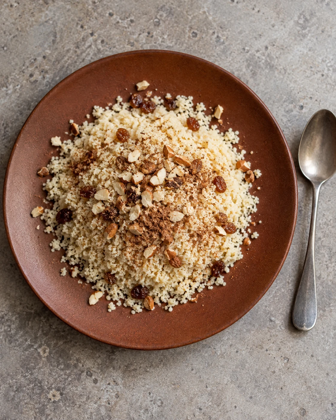 Sweet couscous seffa with raisins and chopped almonds