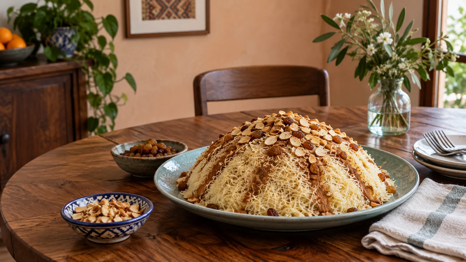 Fine vermicelli seffa with cinnamon and chopped almonds
