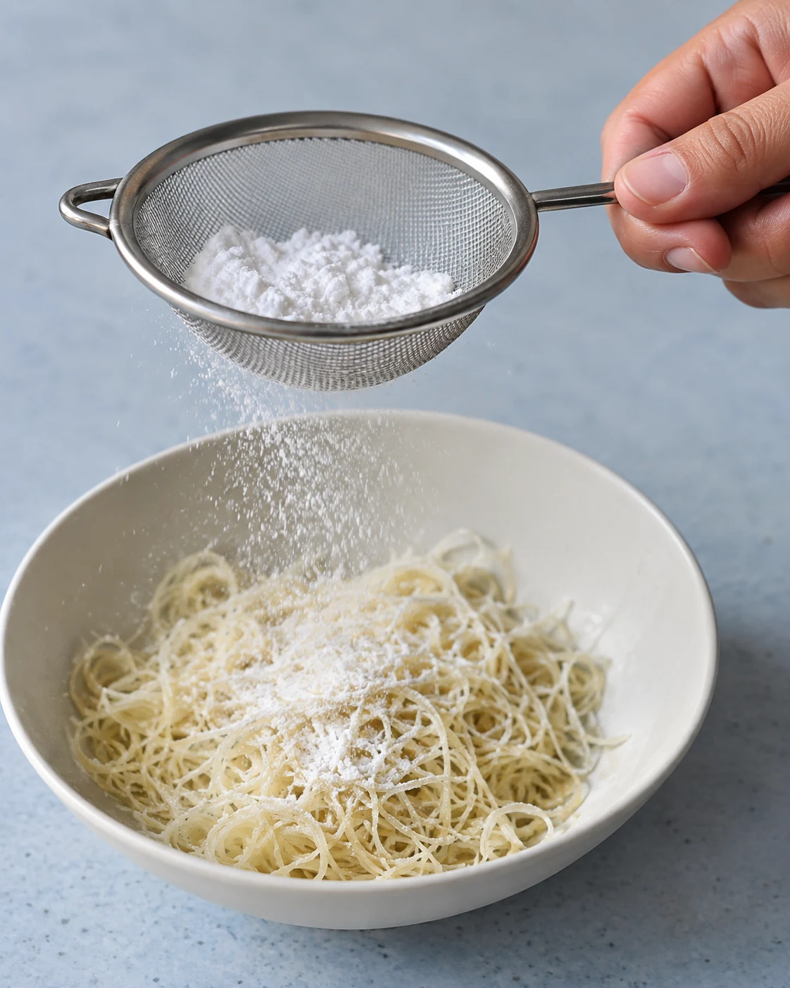 Powdered sugar sifted over fine vermicelli