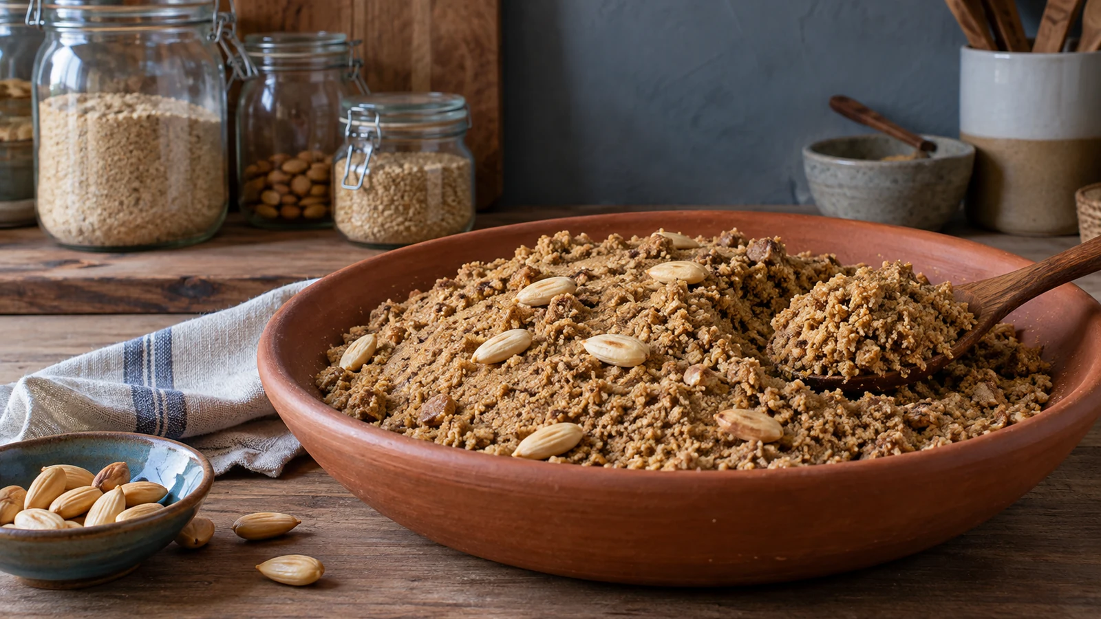Crumbly toasted flour, sesame and almond sellou