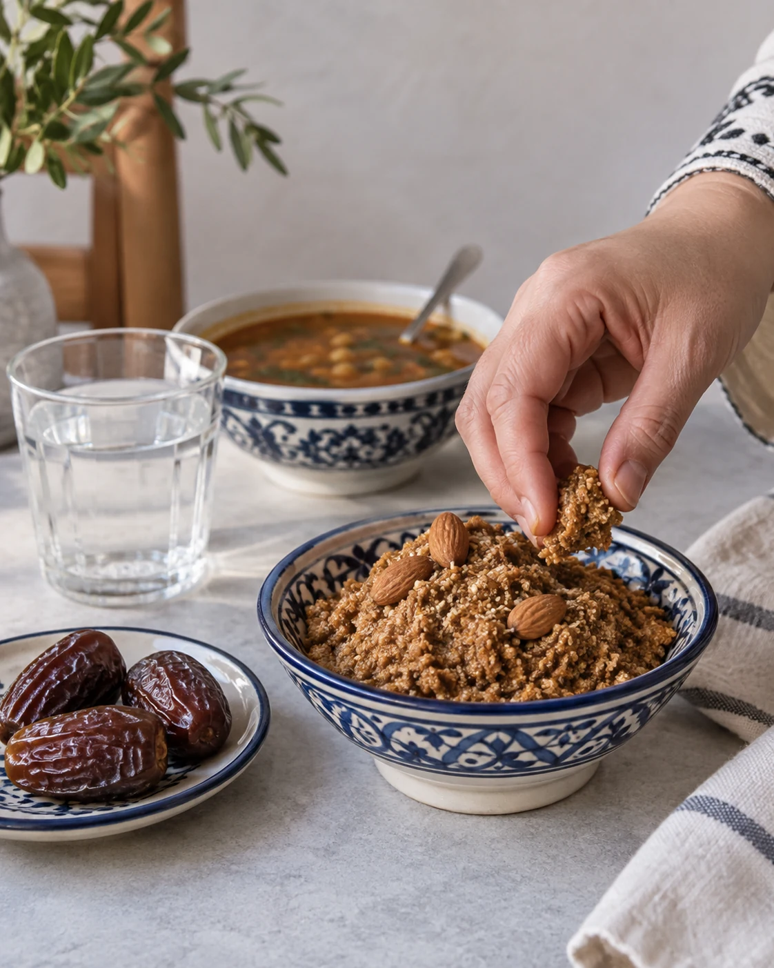 Sellou, dates, water and harira at a modest iftar table
