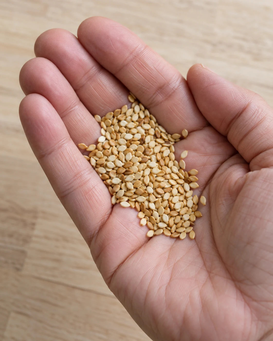 Small flat sesame seeds in the palm of a hand