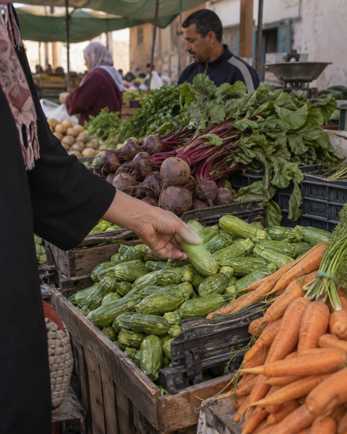Zucchini, beets and carrots at a vegetable stall