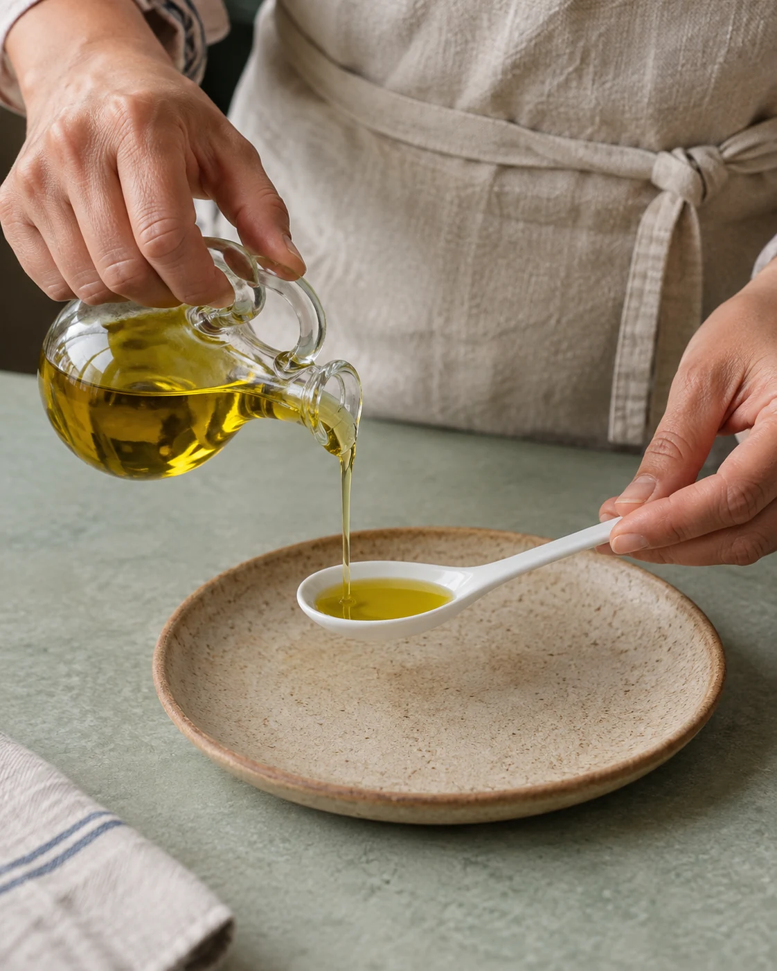 Olive oil measured into a spoon