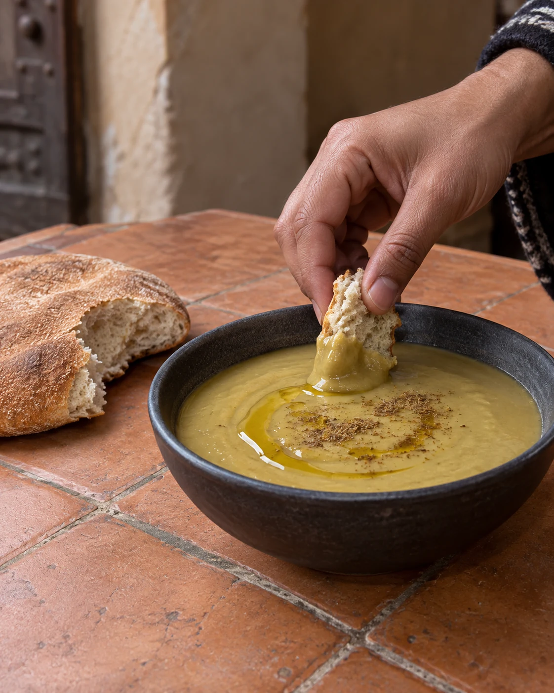 Bissara with a piece of khobz