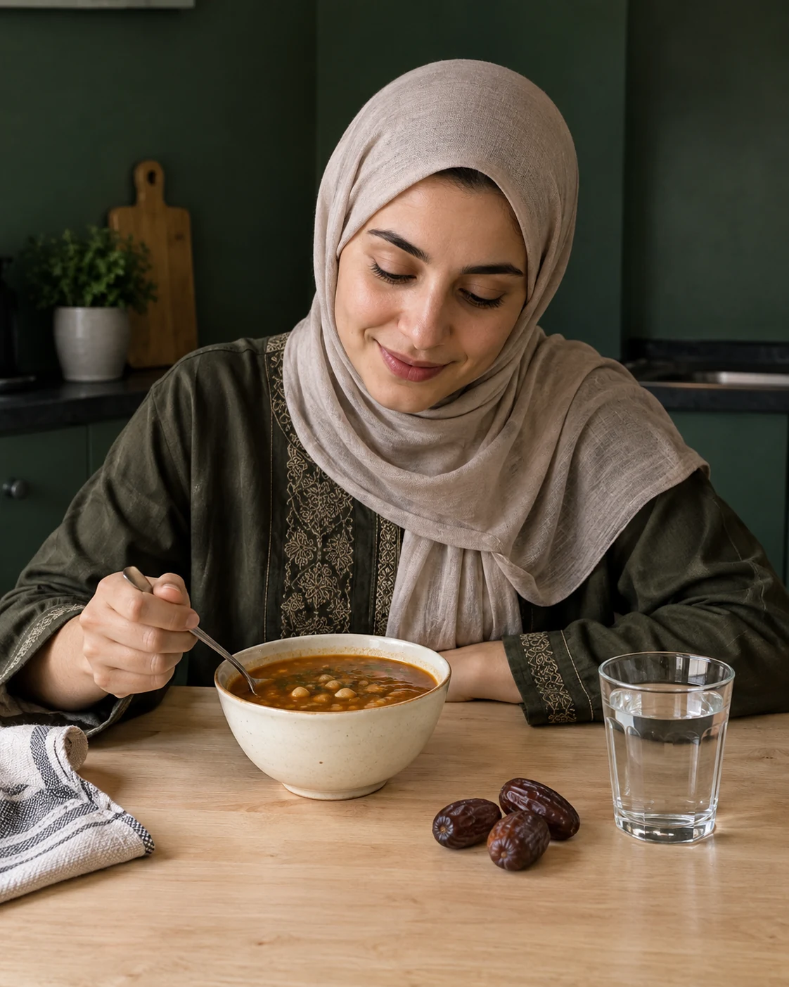 Harira, dates and water at a modest iftar