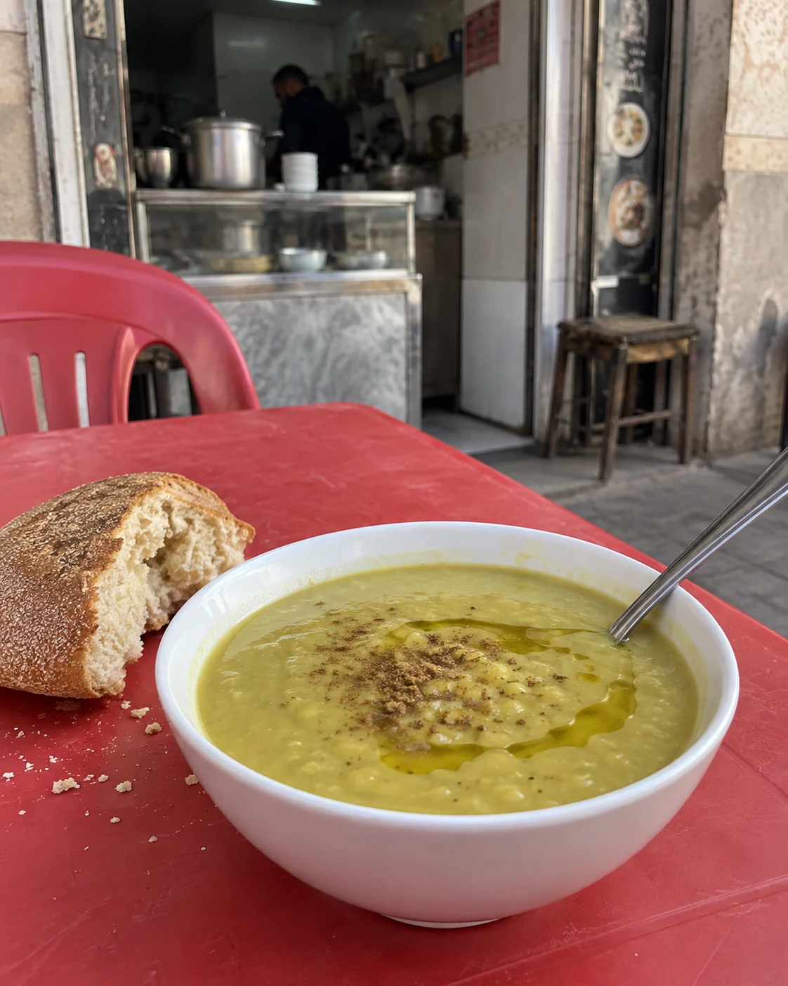 Bissara with cumin, olive oil and bread
