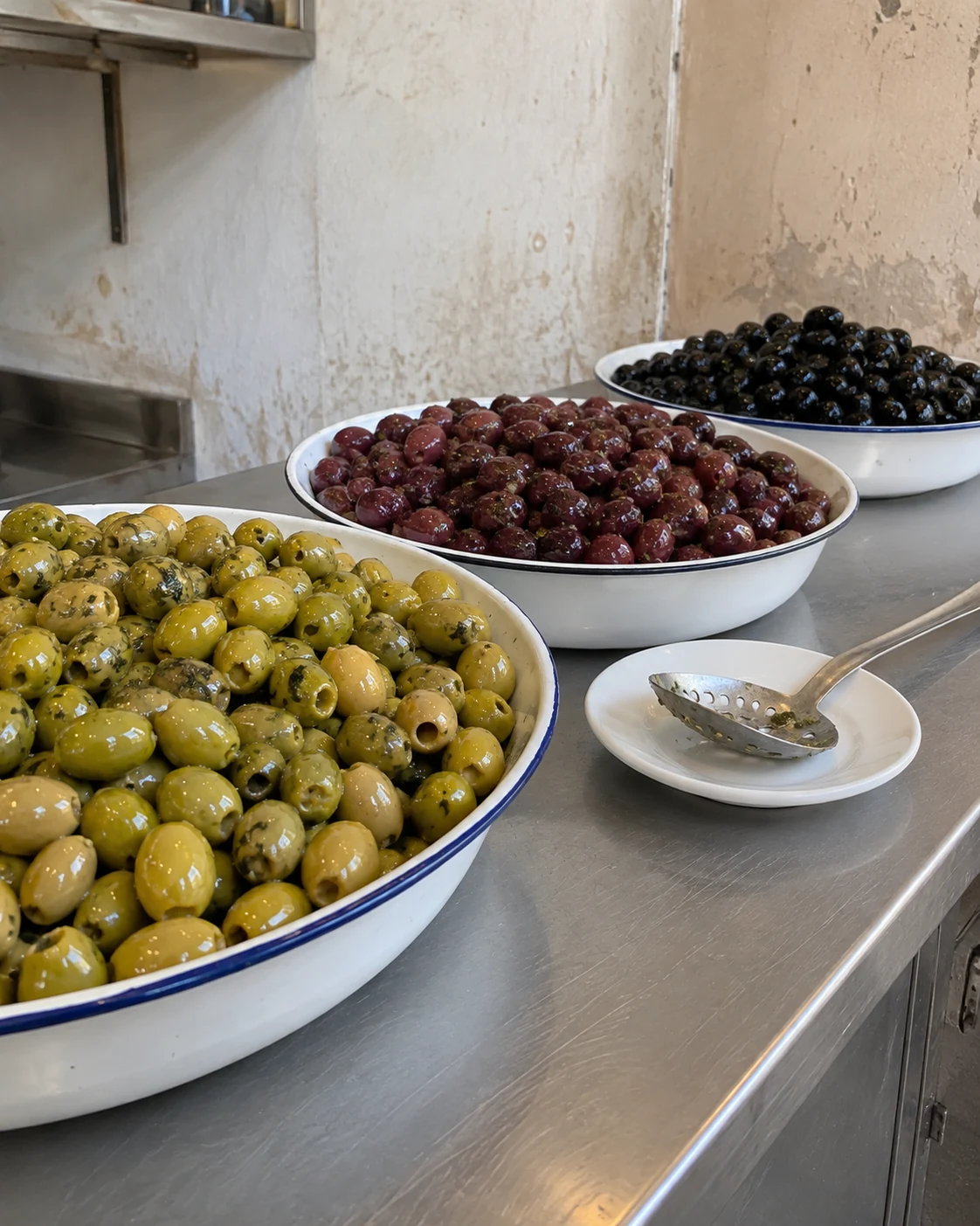 Different cured olives at a food counter