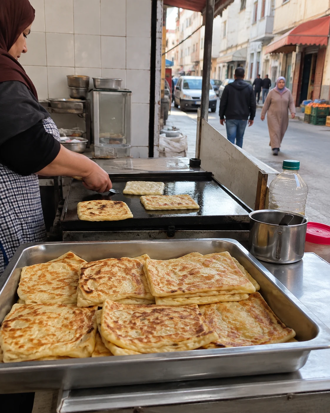 Msemen ready beside a street griddle