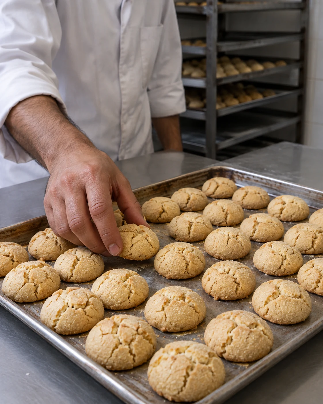Almond ghriba arranged on a bakery tray