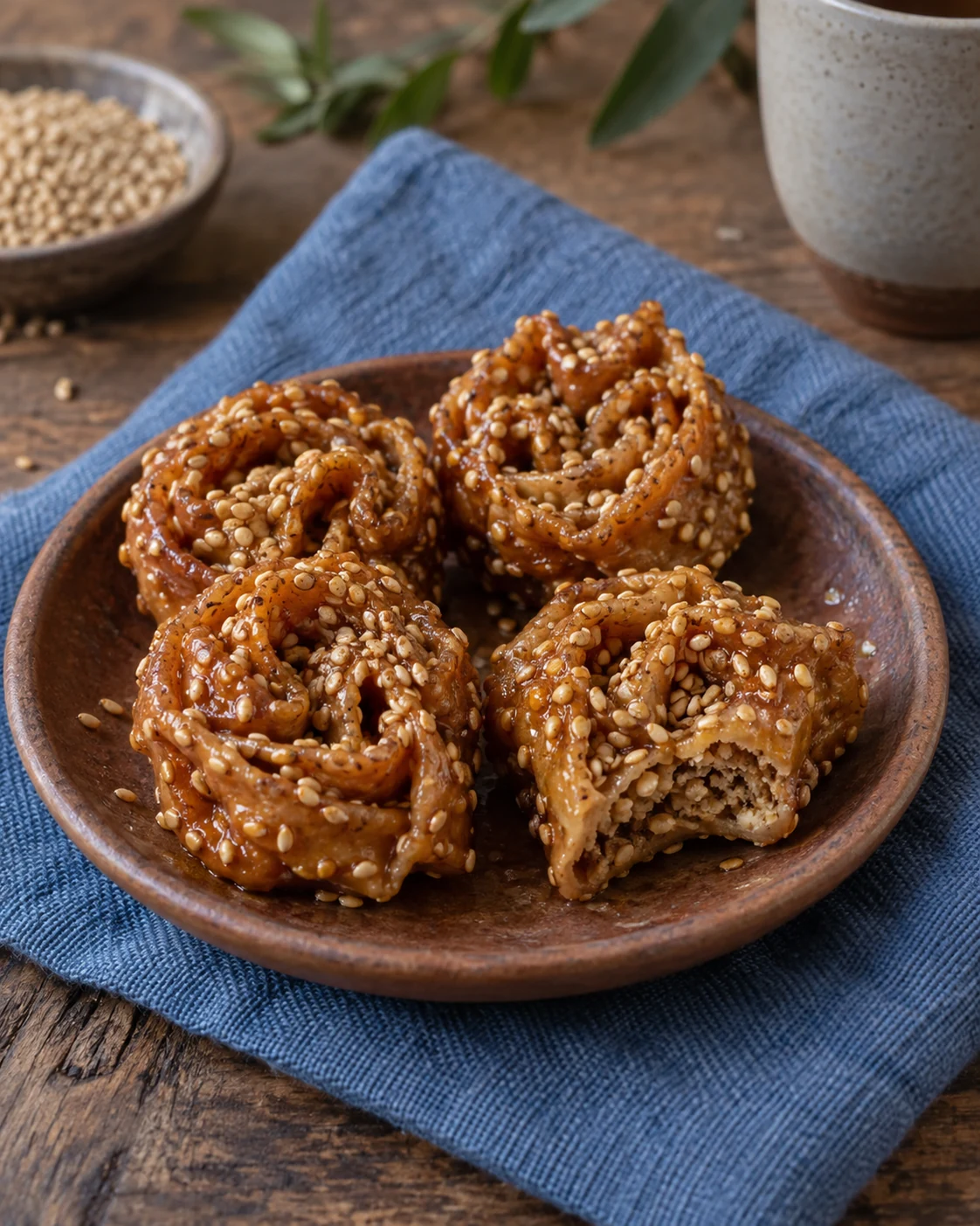 Handmade chebakia rosettes with sesame