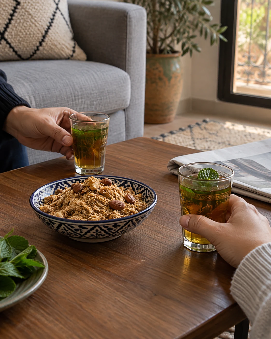 Tea and a small shared bowl of sellou