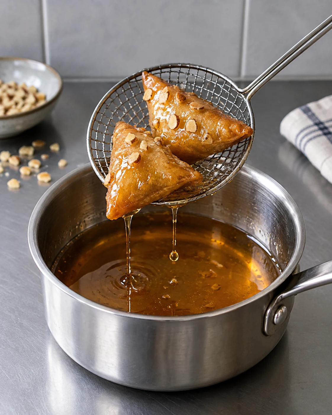 Almond briouats receiving a light honey coating