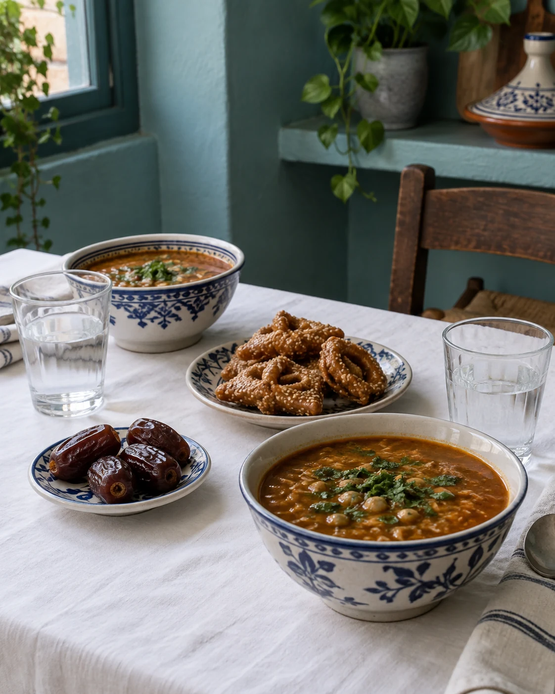 Harira, dates and chebakia at a small iftar table