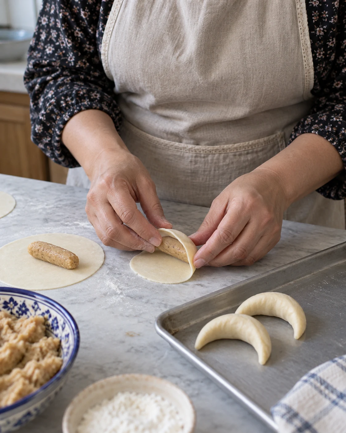 Hands forming almond-filled kaab el ghzal