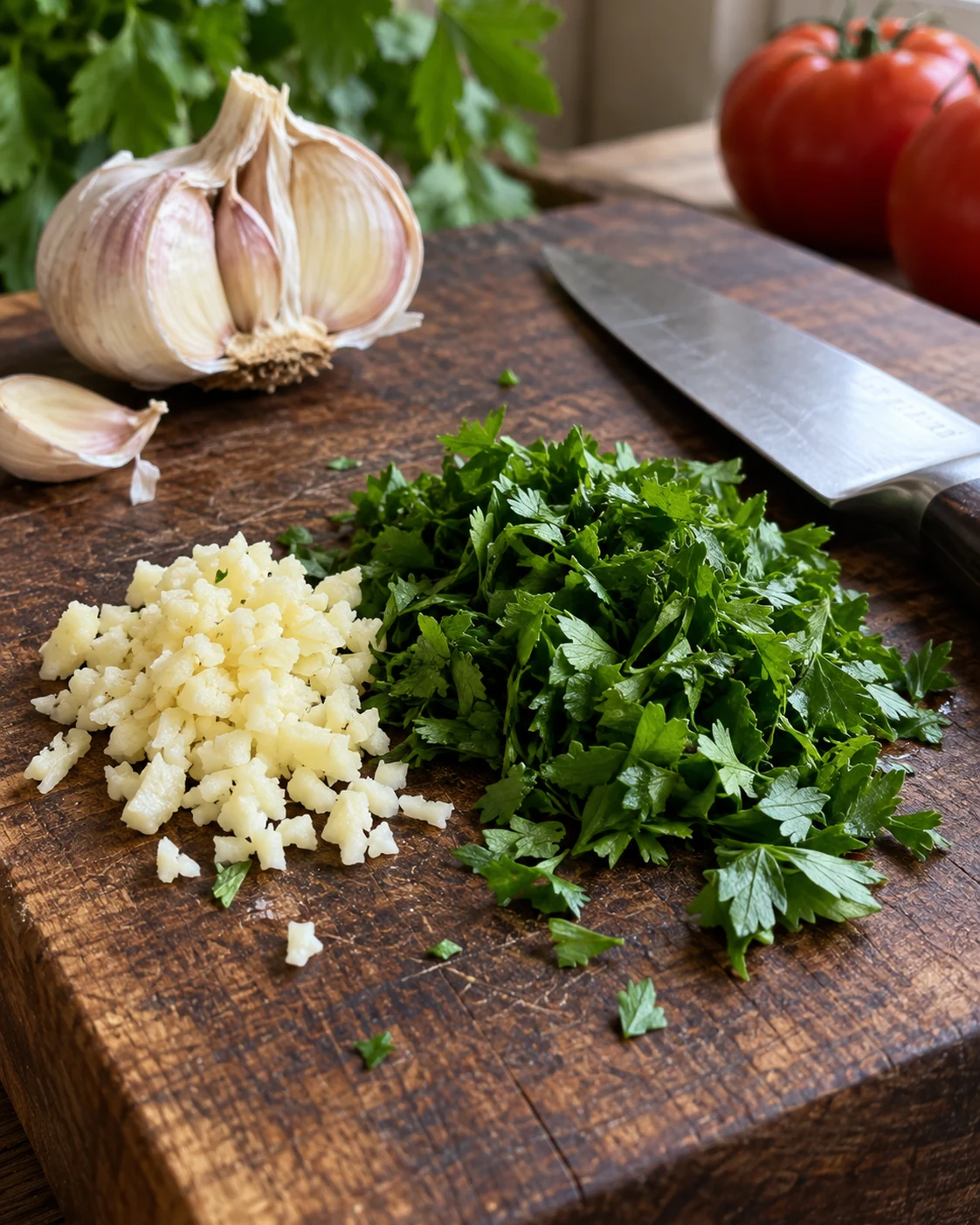 Minced garlic and chopped parsley