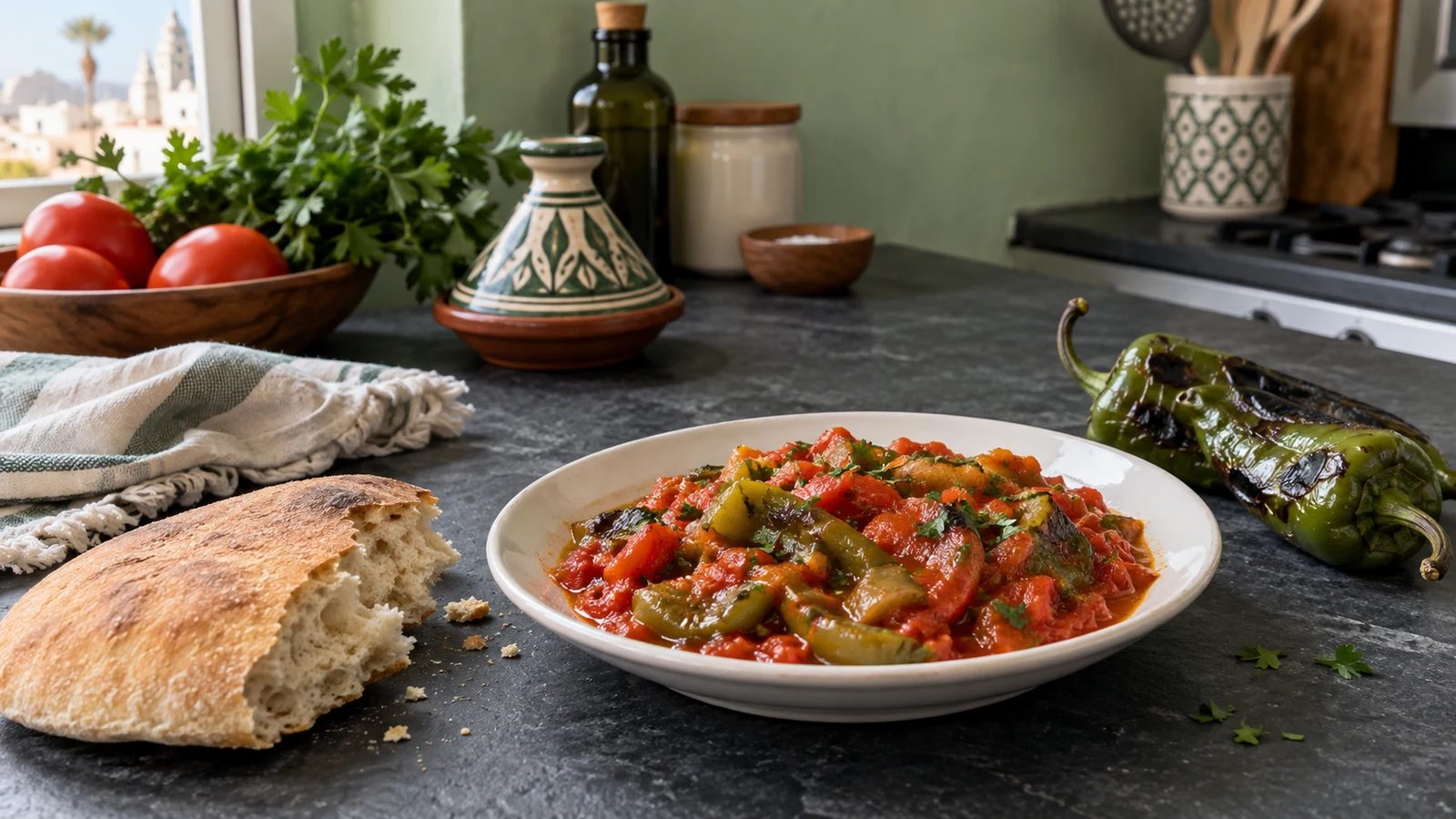 Roasted green pepper and tomato taktouka