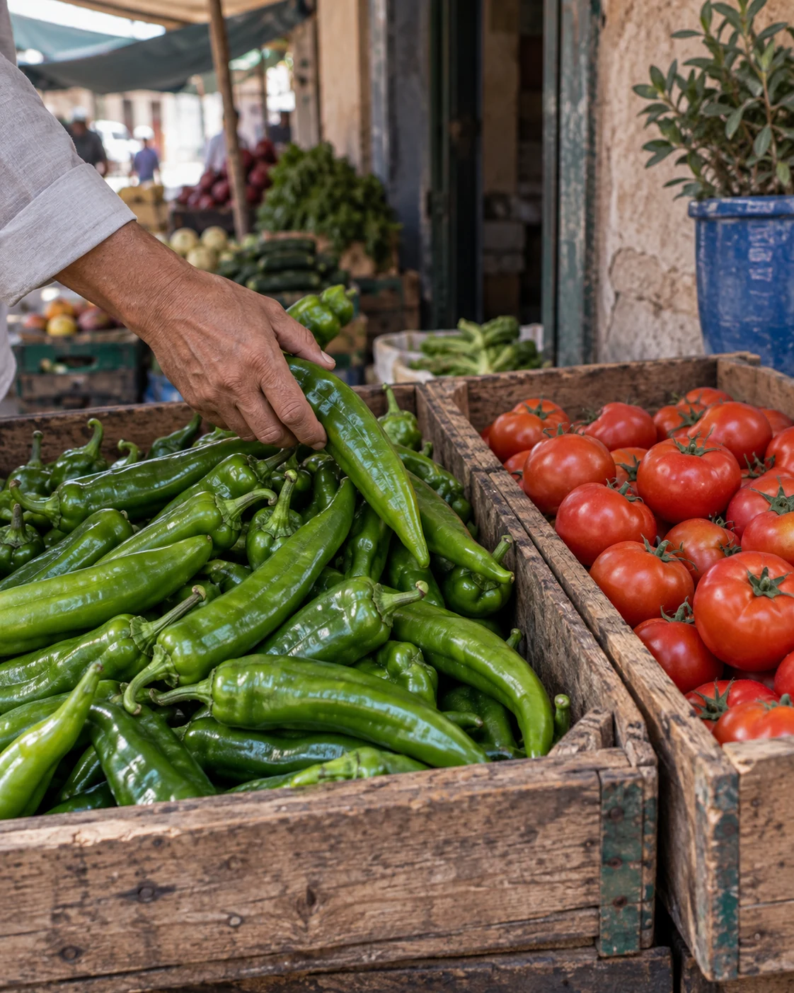 Green peppers and tomatoes at a produce stall