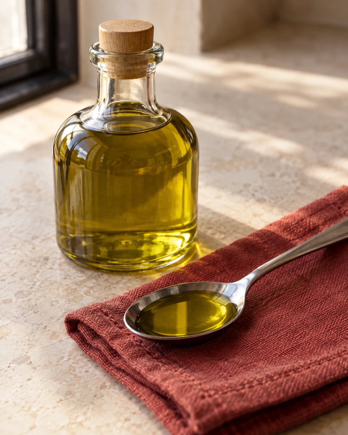Olive oil in a bottle and spoon