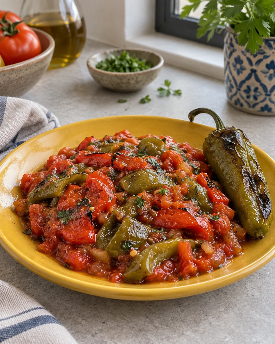 Roasted red and green peppers in tomato