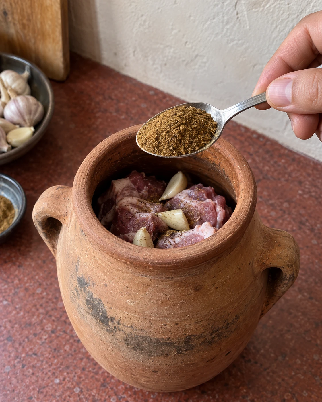 Cumin being added to meat in a tanjia jar
