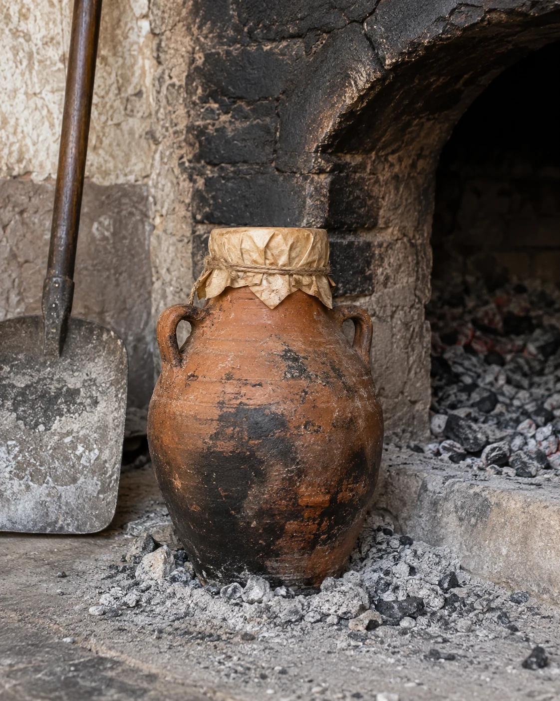 A sealed tanjia jar beside a hammam furnace