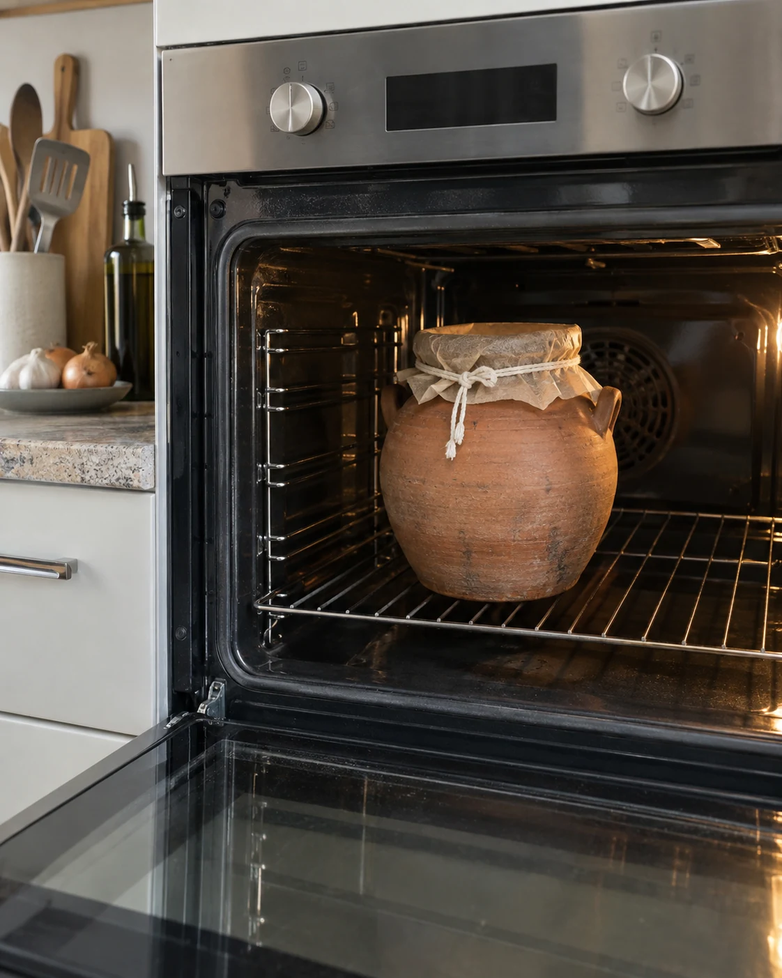 A covered tanjia jar in a domestic oven