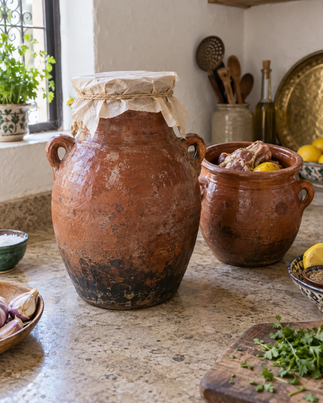 An earthenware tanjia jar with a parchment cover