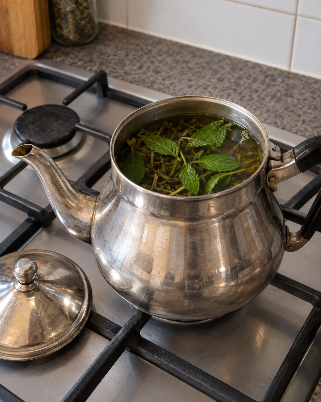 Fresh mint and green tea brewing in an open metal teapot
