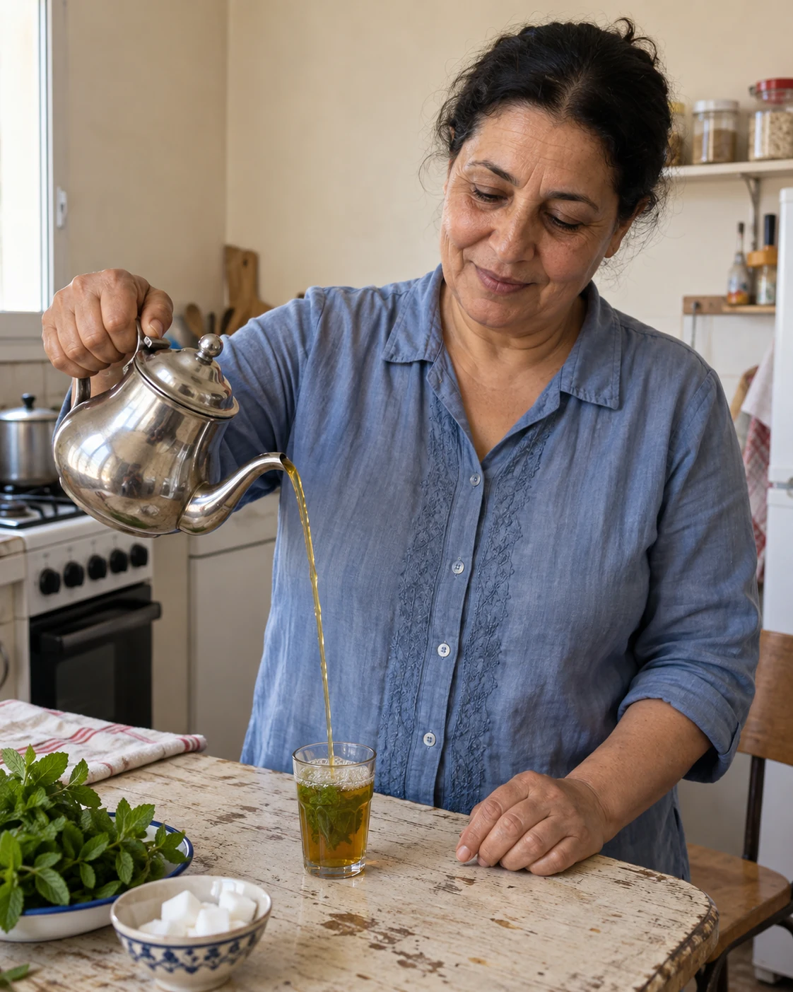 Mint tea being poured at home