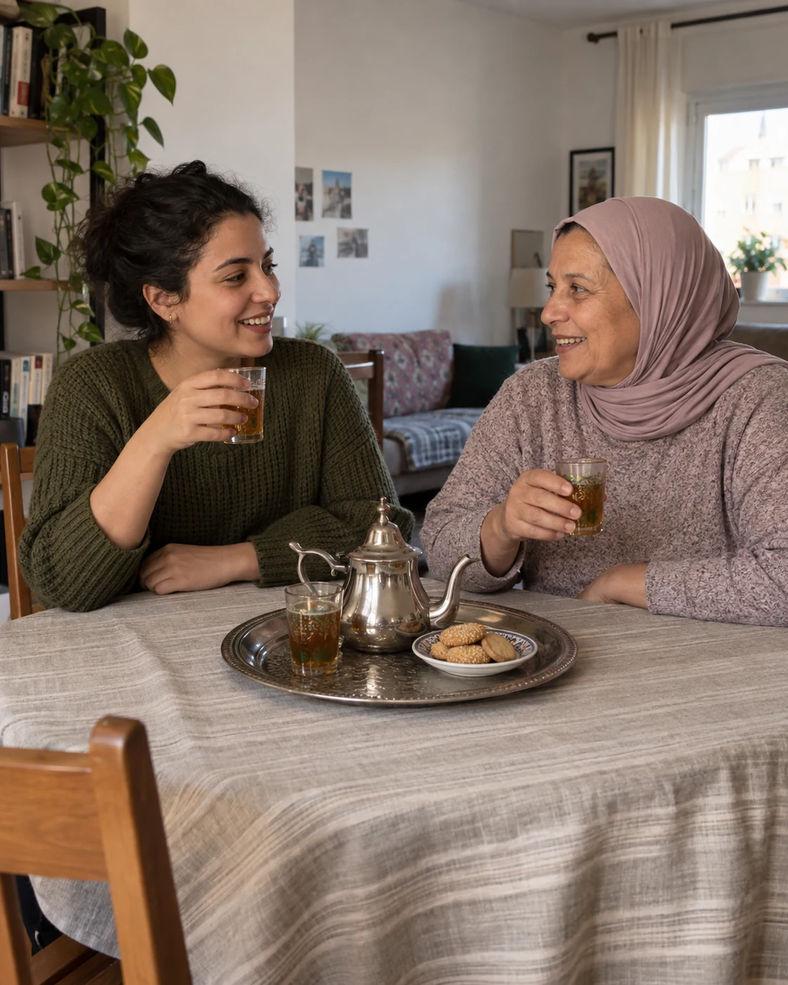 Two women sharing tea and conversation at home