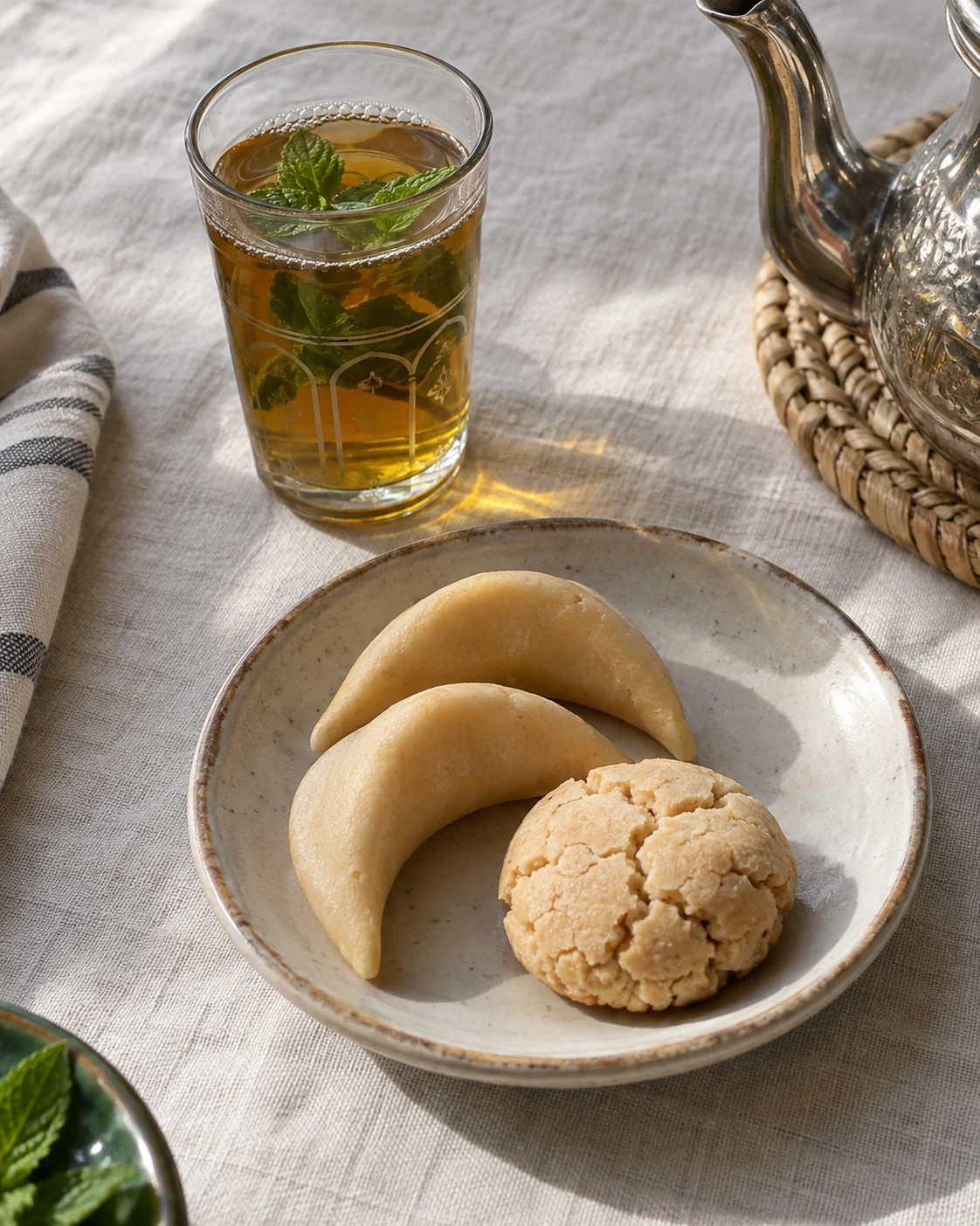 Mint tea with crescent-shaped almond pastries and a ghriba