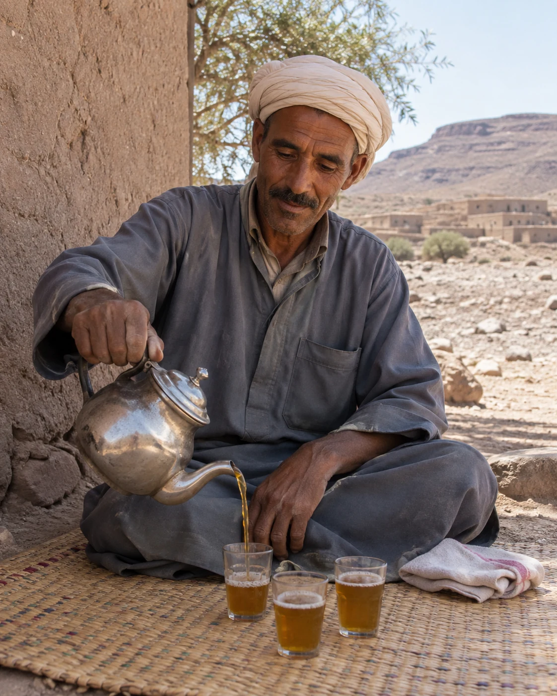 An outdoor tea pause beside an earthen wall