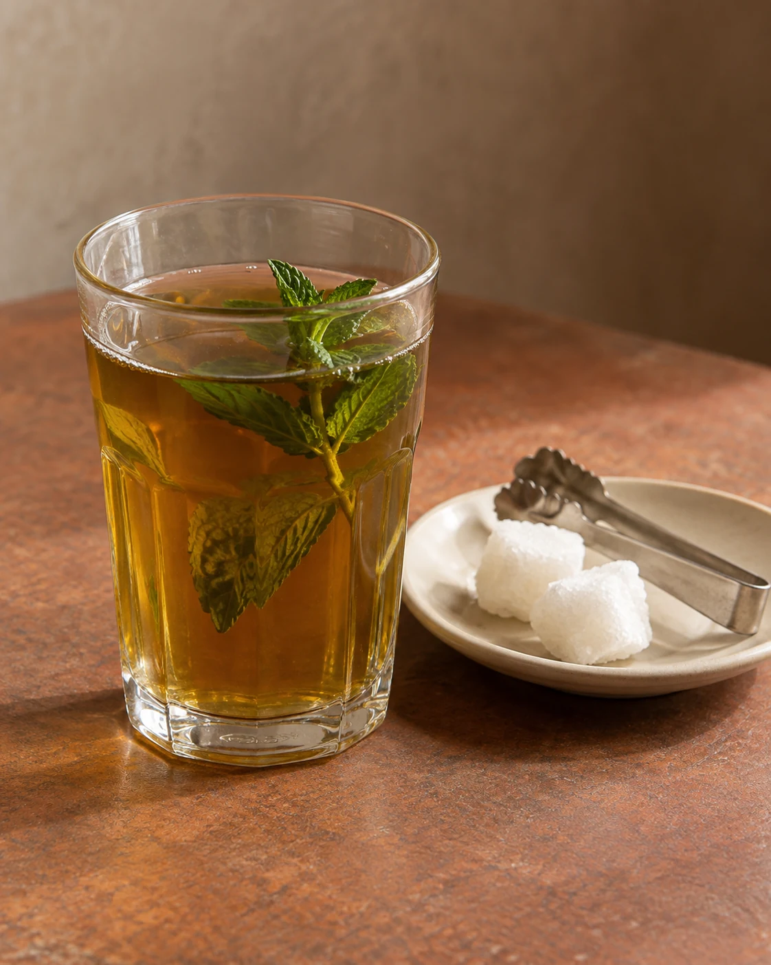 Mint tea beside sugar pieces and a small sugar tong