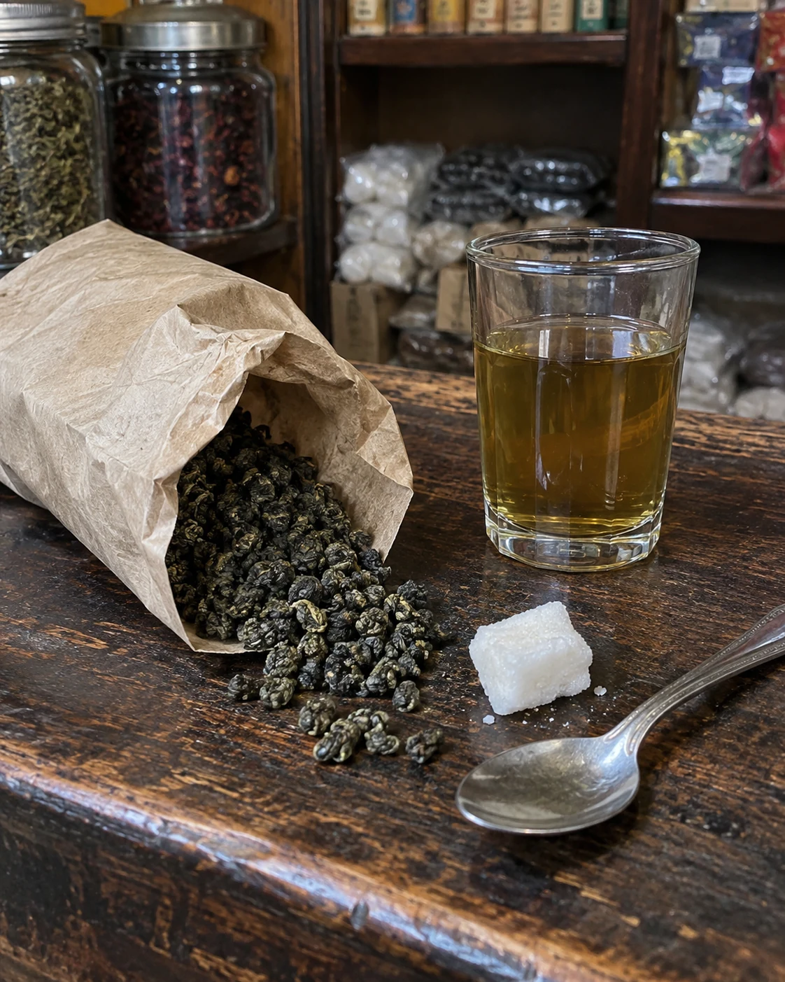 Rolled green tea, sugar and an amber glass of tea