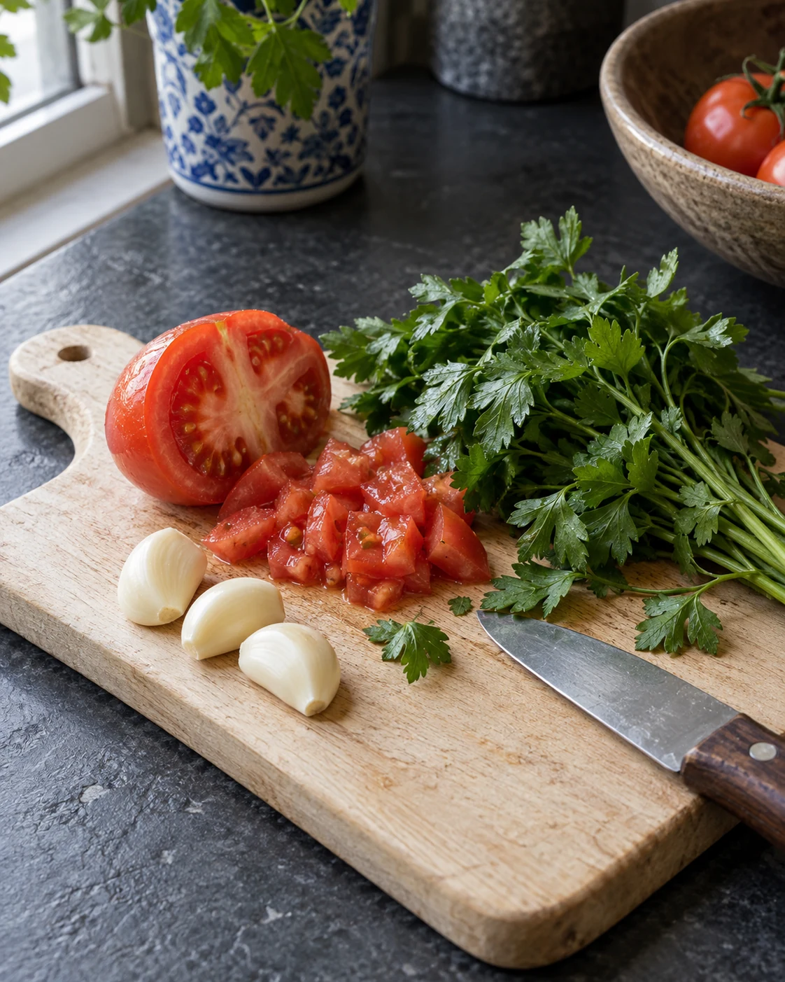 Tomato, garlic and herbs on a preparation board