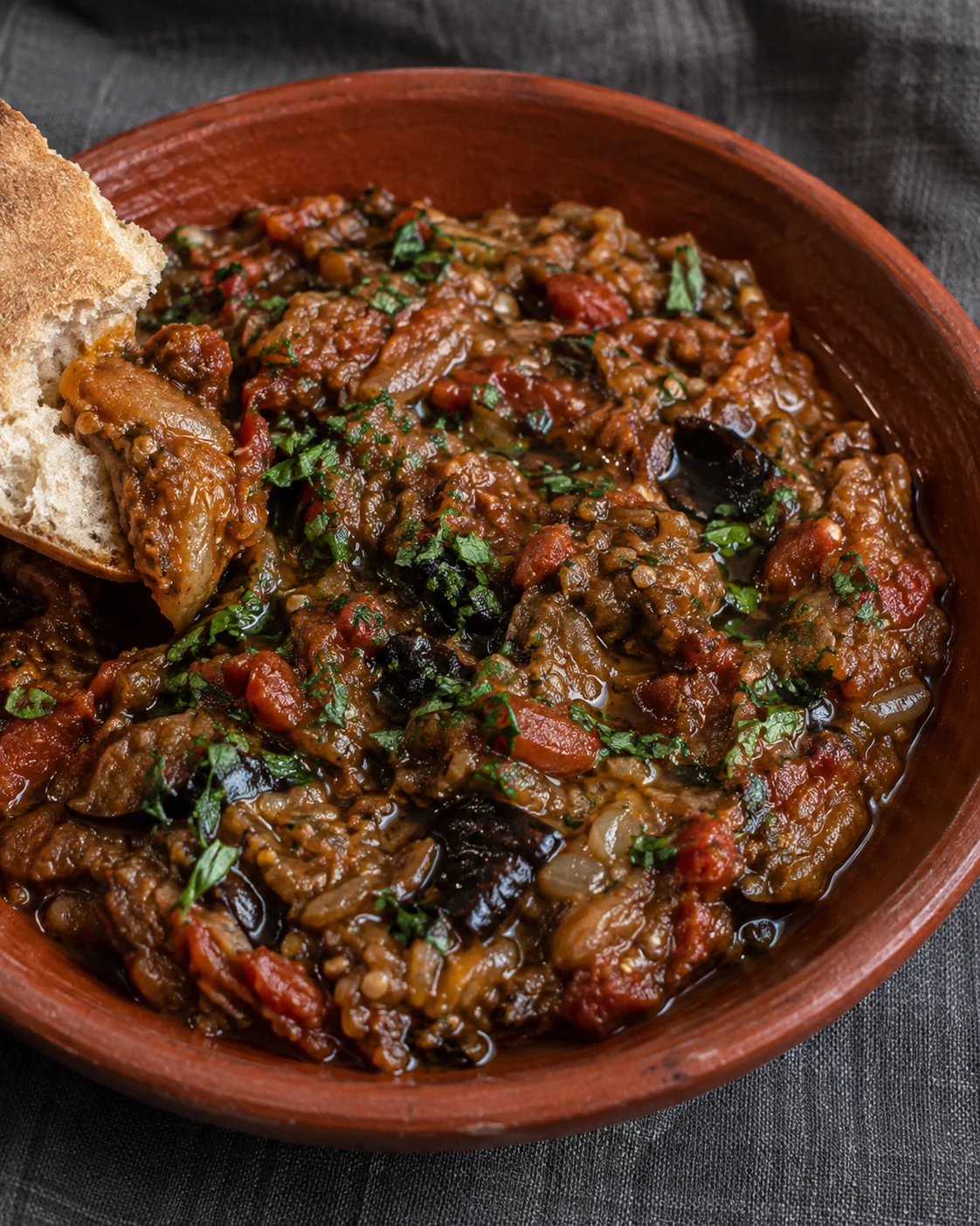 Soft aubergine and reduced tomato in zaalouk