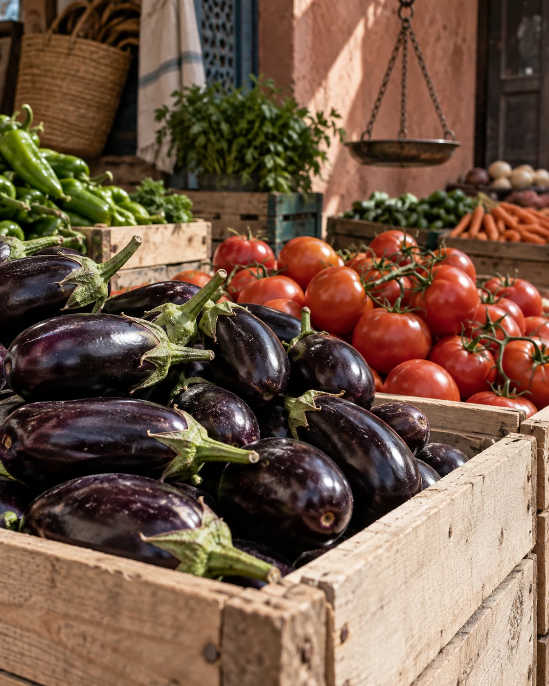 Aubergines and tomatoes at a vegetable stall