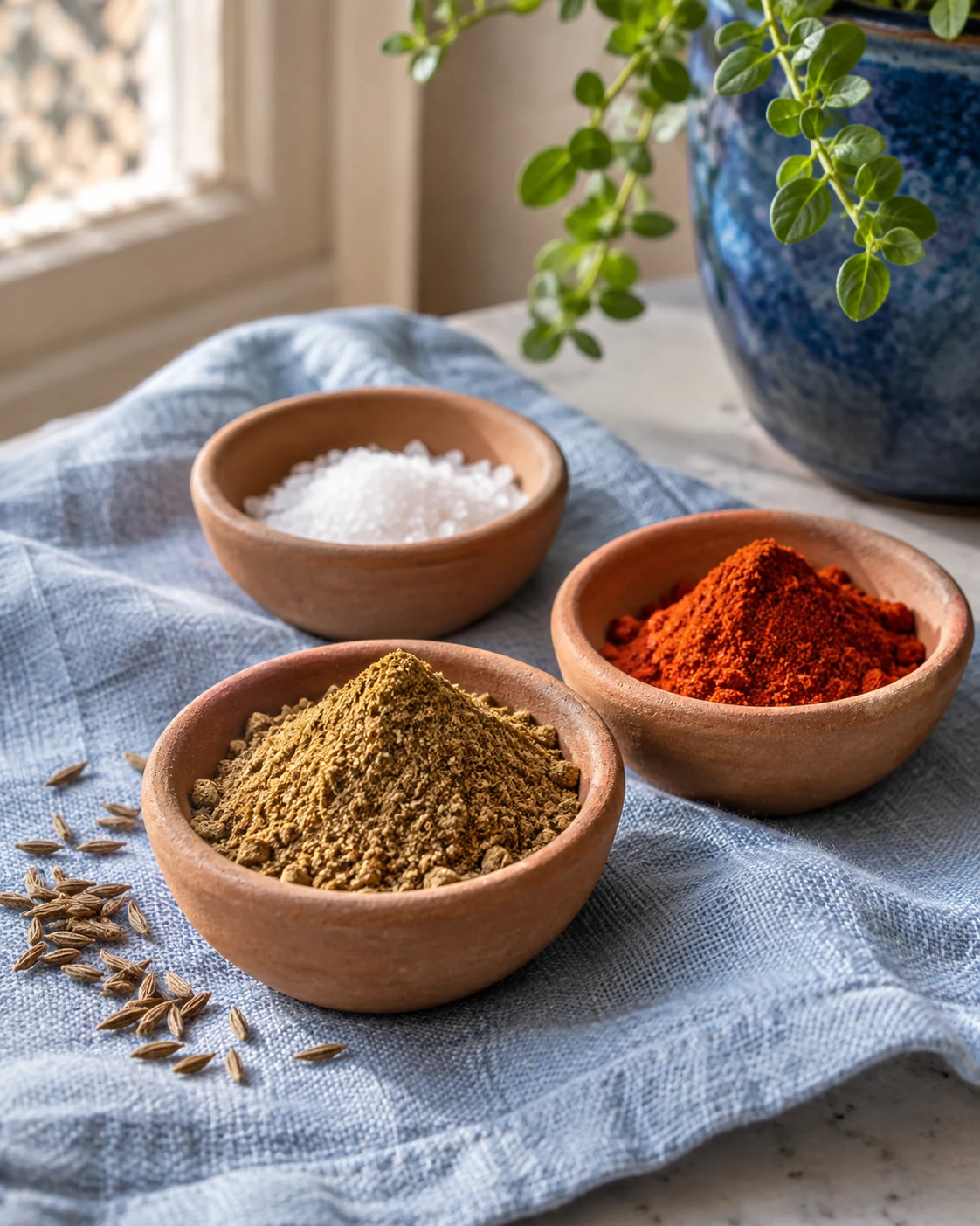 Cumin, paprika and salt for seasoning