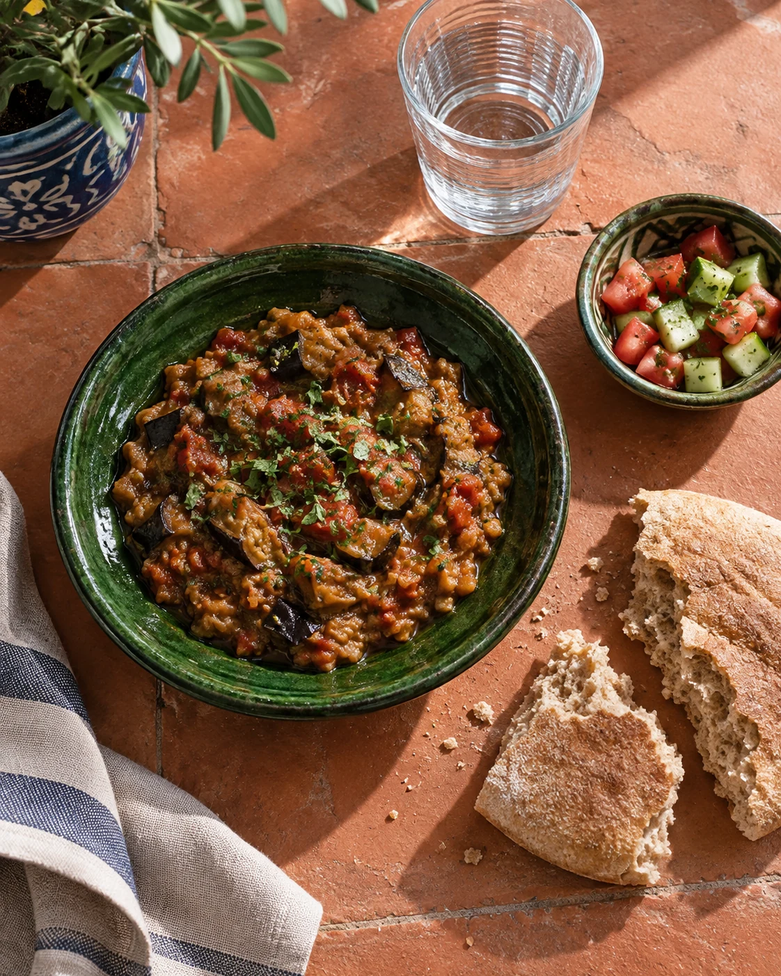Zaalouk served with bread and a small fresh salad