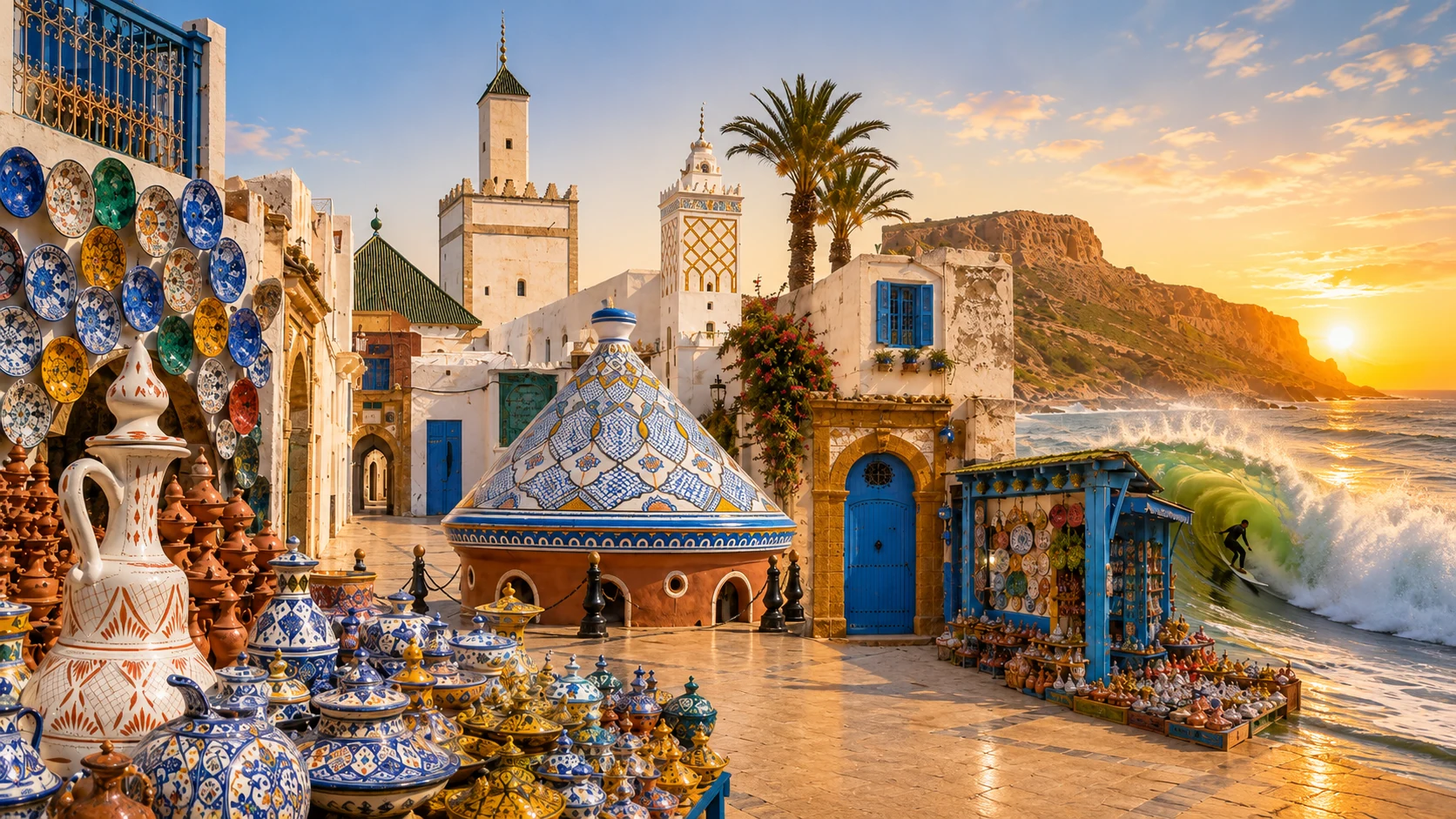 Safi hero collage with ceramics, medina architecture and the Atlantic coast