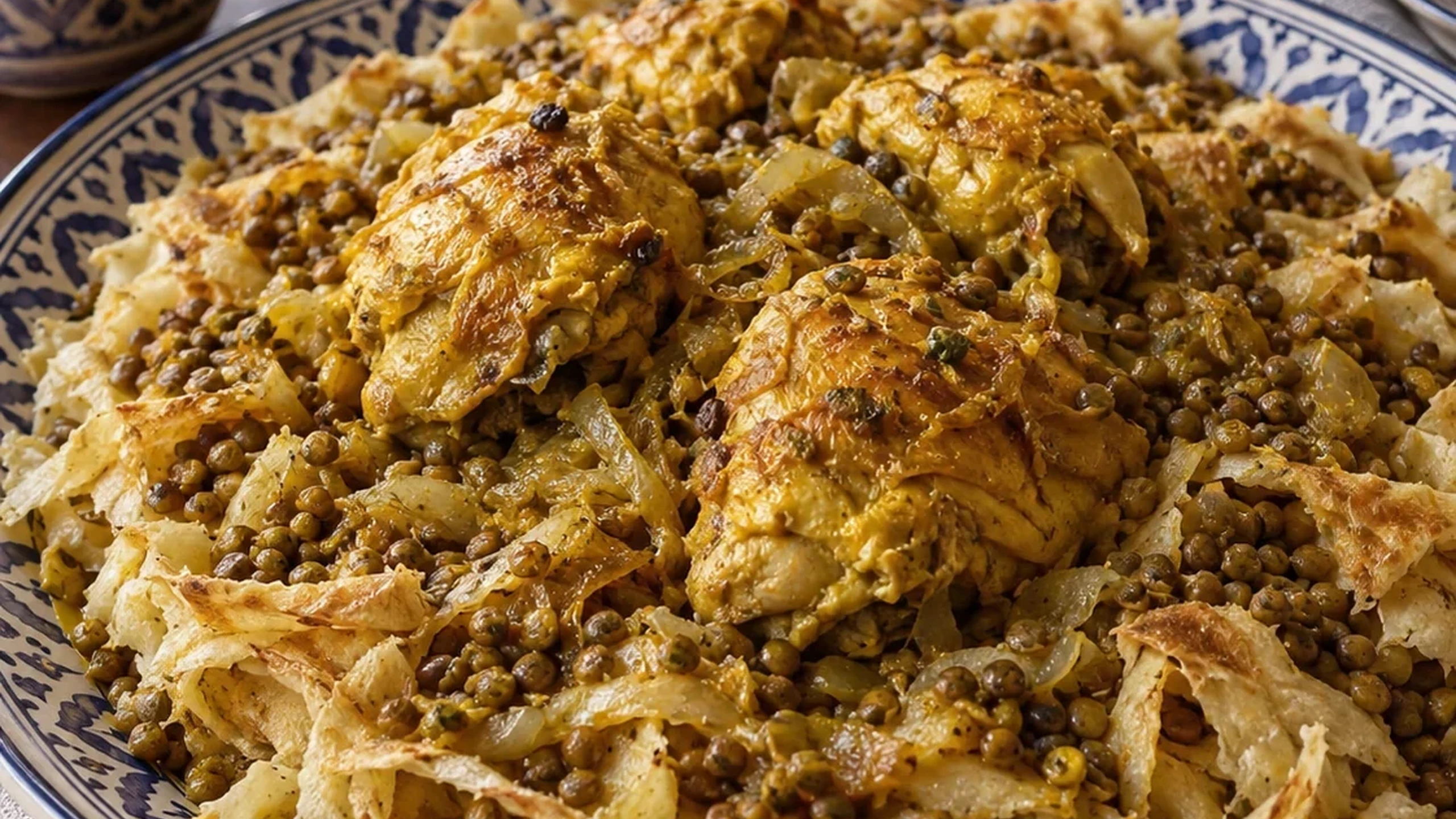 Rfissa with chicken, lentils, onions and torn layered bread on a blue-and-white Moroccan serving platter