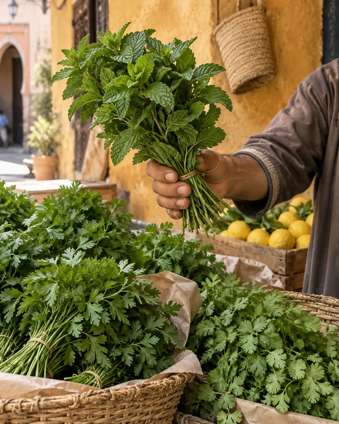 Fresh green herbs being gathered at a market stall